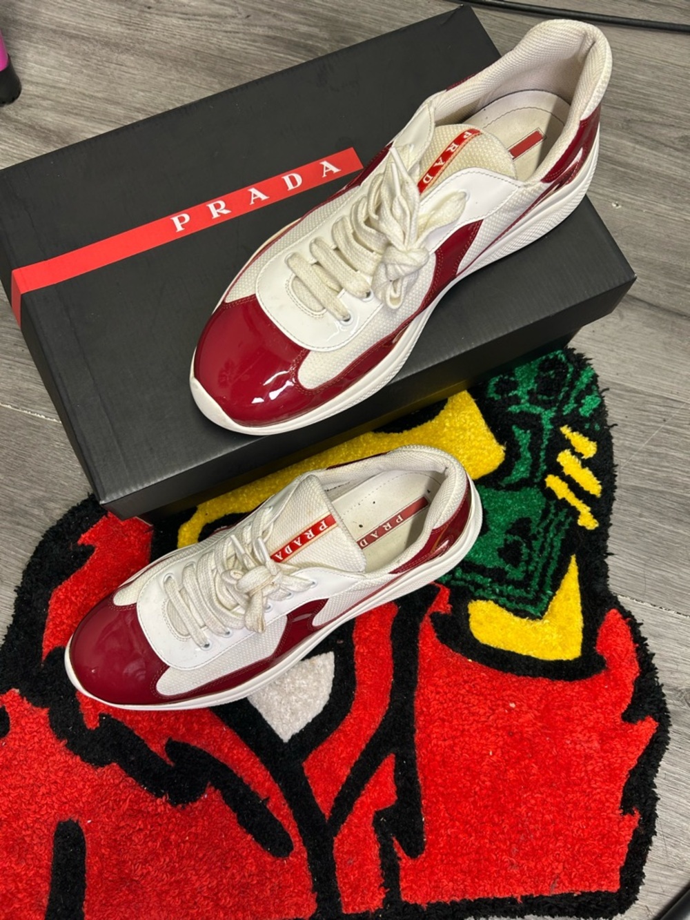 Prada Men’s White and Red Low-Top Sneakers with Patent Accents - Picture 2 of 7